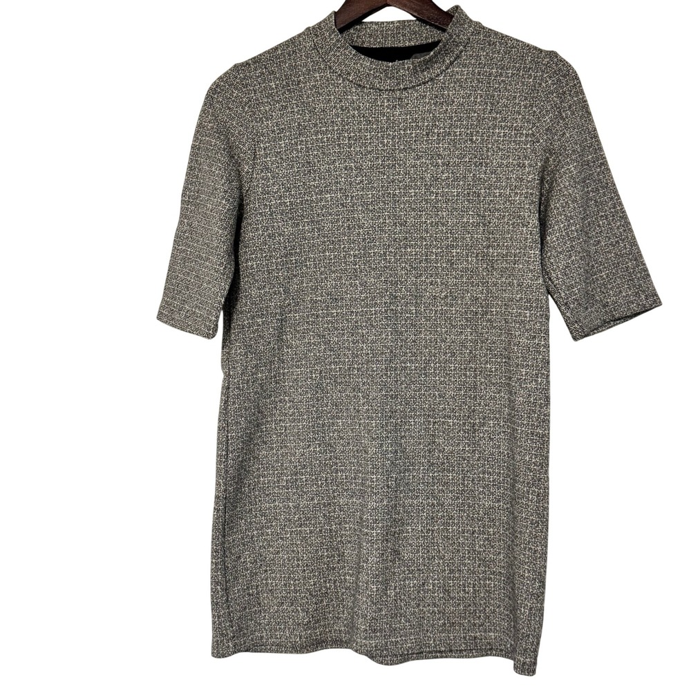 Dearstalker Grey Textured Mock Neck Short Sleeve Shift Mini Dress One Size Korea